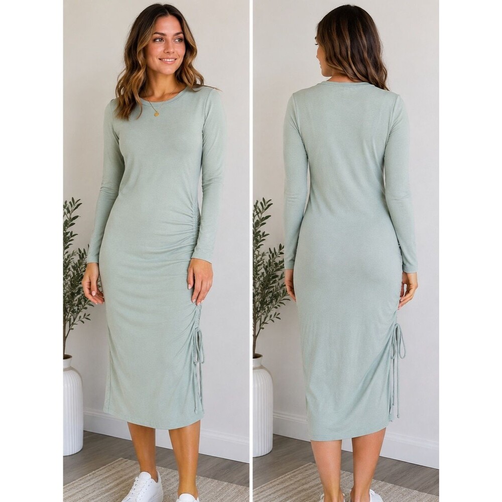SNDYS Revolve Mint Green Ruched Drawstring Midi Dress Long Sleeve Bodycon US 4